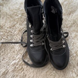 J. Crew Black Lace-Up Ankle Boots with Contrast Chain-Style Laces